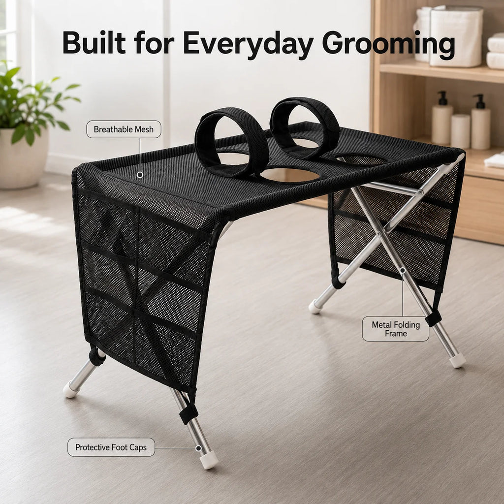 Black mesh top, metal folding frame and capped feet of the stand
