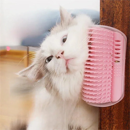 Fluffy white and gray cat rubbing its cheek on the pink groomer on a door frame
