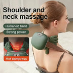The massager on a person's shoulders, its hand-shaped nodes and warm setting shown
