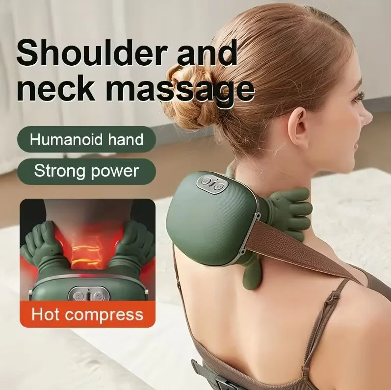 The massager on a person's shoulders, its hand-shaped nodes and warm setting shown
