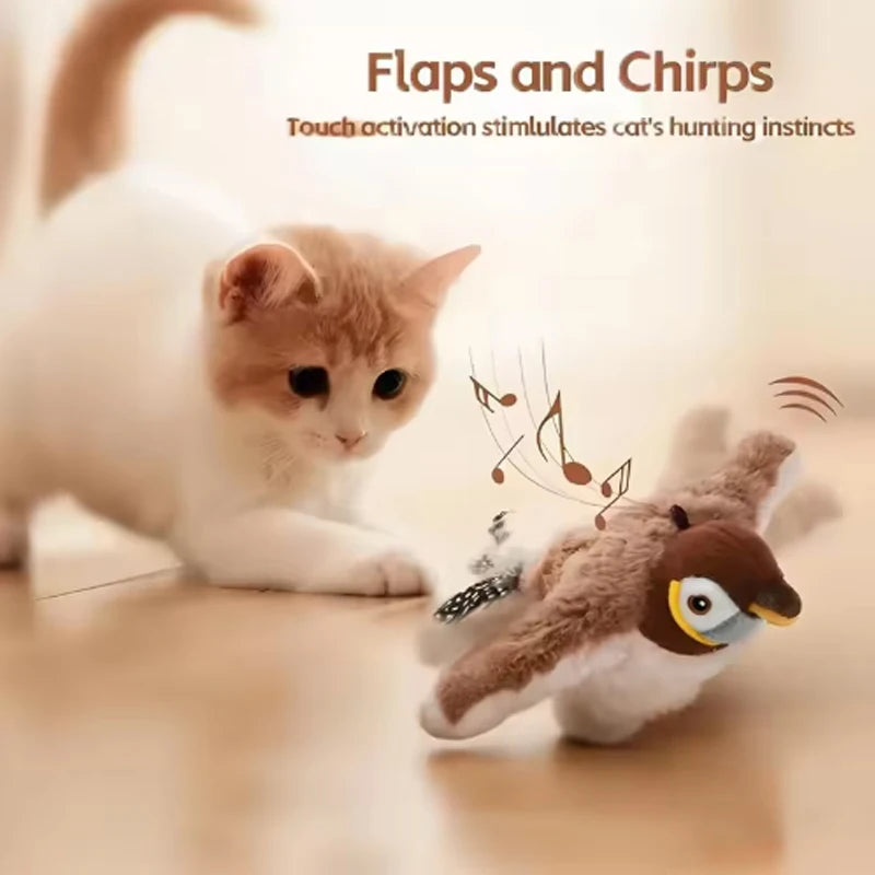 Orange and white cat on a wood floor staring at the brown plush sparrow mid-chirp