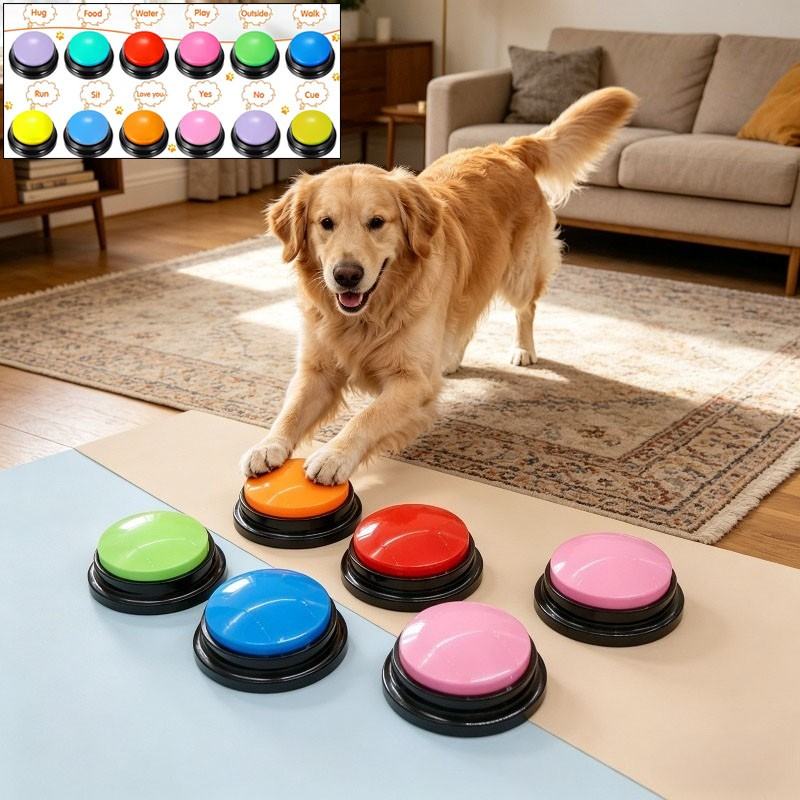 Golden retriever pressing a talking button